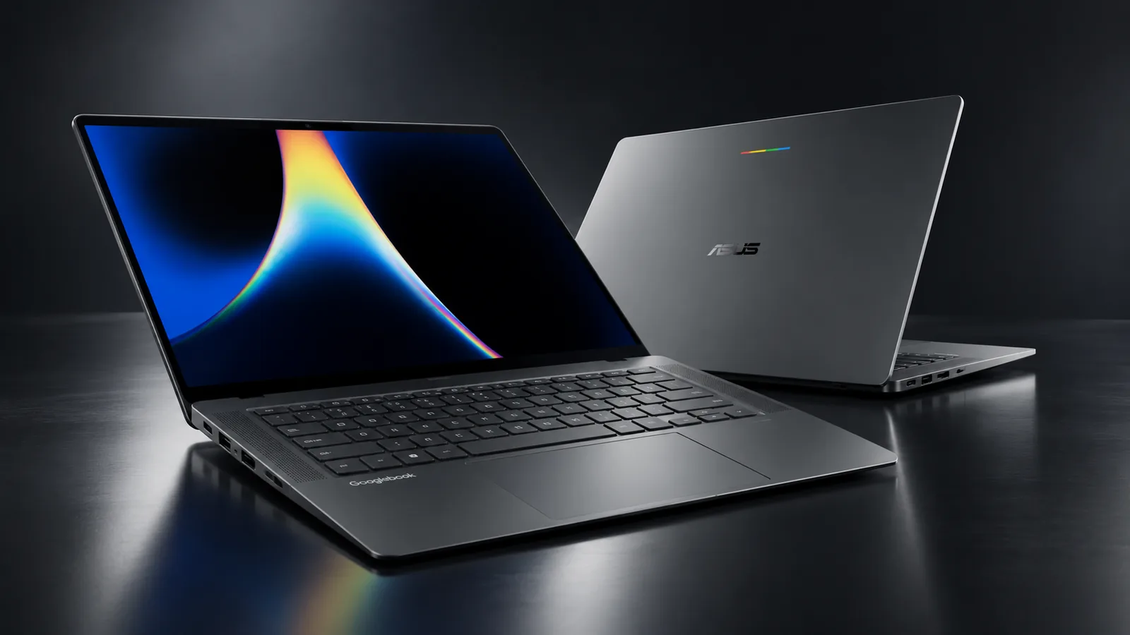 Zwei Googlebook-Laptops in Grau auf dunklem Tisch: vorne aufgeklappt mit OLED-Display, hinten von der Rückseite