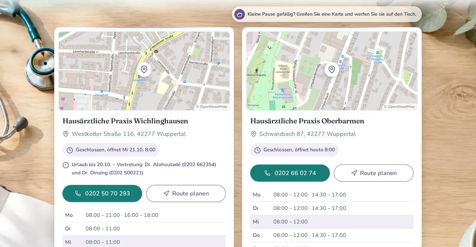Beide Praxen mit Karte, Öffnungsstatus, Telefon und Sprechzeiten