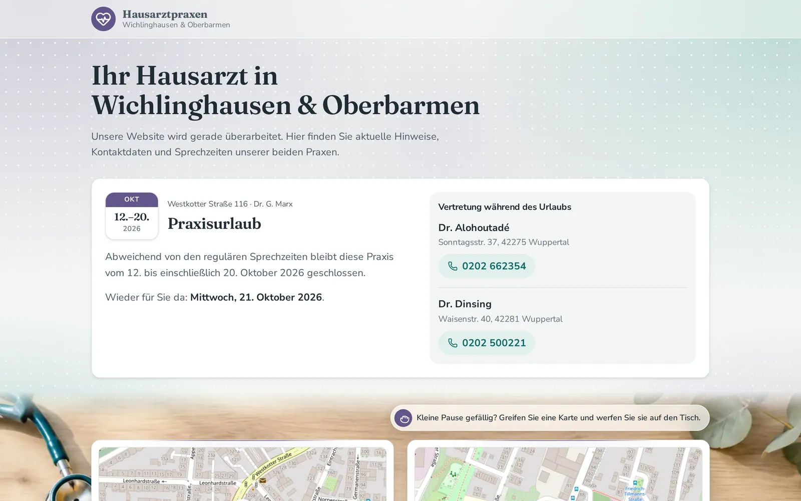 Startseite der Hausarztpraxen Wichlinghausen und Oberbarmen mit Hinweis auf Praxisurlaub und Vertretung