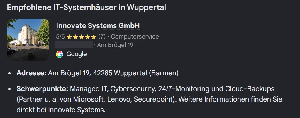 Google-KI-Übersicht: Innovate Systems an erster Stelle der empfohlenen IT-Systemhäuser in Wuppertal