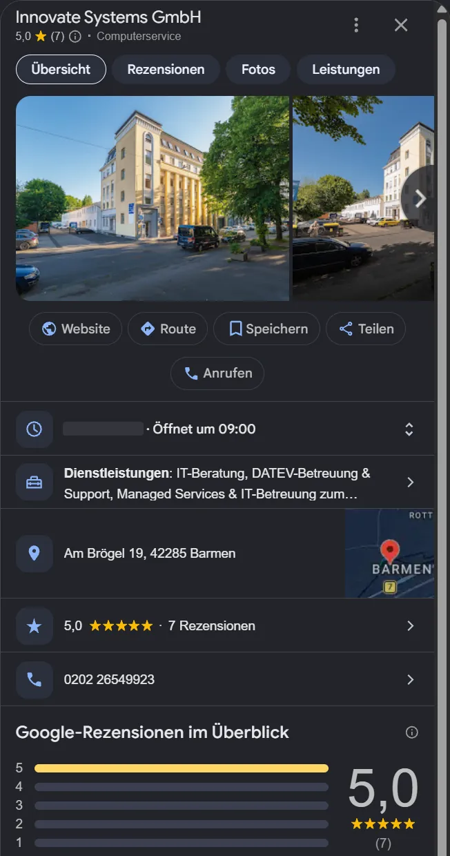Google-Profil von Innovate Systems mit 5,0 Sternen