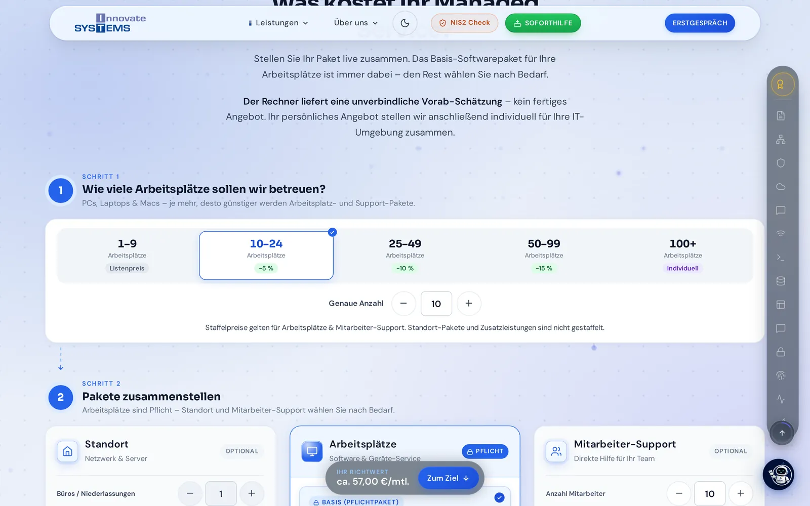 MSP-Kalkulator: Arbeitsplätze wählen und Pakete zusammenstellen